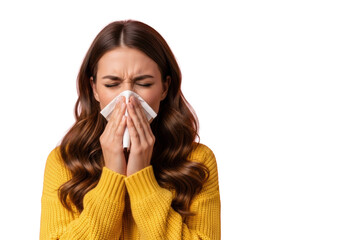 Young caucasian woman, 20s, long wavy brown hair, yellow knitted sweater, blowing nose with white tissue, eyes closed, against vibrant pink background with copy space, allergy symptoms concept