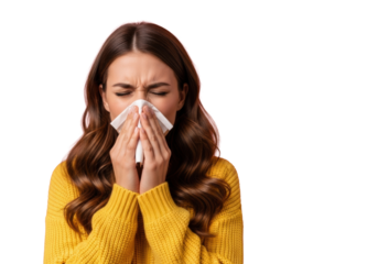 Young caucasian woman, 20s, long wavy brown hair, yellow knitted sweater, blowing nose with white tissue, eyes closed, against vibrant pink background with copy space, allergy symptoms concept