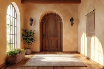 Mediterranean style hallway with arched door. Interior design of modern rustic entrance hall in farmhouse. Created with, Generative AI
