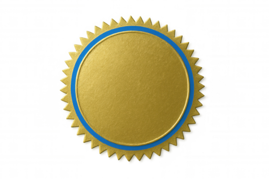 Golden seal with blue border on transparent background, offering copy space for customization and branding