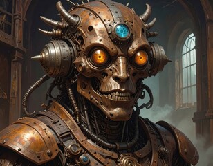 Fototapeta premium A detailed illustration of a steampunk robot, showcasing intricate mechanical details and warm metallic tones.