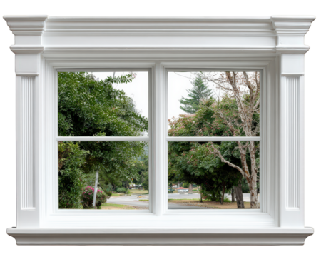 White window frame double pane classic molding clear glass outdoor view green trees residential street daylight modern house element peaceful atmosphere