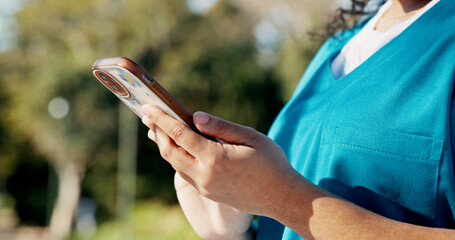 Hand, phone or nursing student on campus with typing, research or notification for assessment. Email, reading or woman in uniform with tech, education or internet in school with info for results.