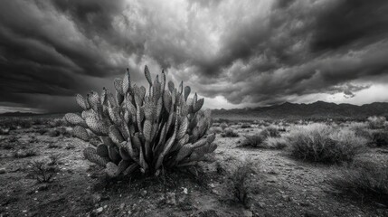 Dramatic monochrome landscape cactus under storm clouds in a desert setting