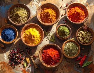 Assorted vibrant spices in rustic bowls, showcasing a colorful array of textures and hues, illuminated by natural light.