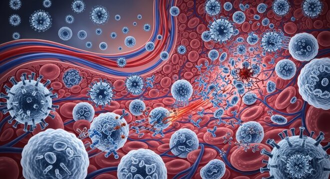 Virus infecting human bloodstream realistic microscopic view concept illustration - Powered by Adobe