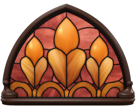 Stained glass window decorative element floral pattern orange yellow red arched vintage traditional glass art elegant design. Stained glass window with floral pattern warm orange and yellow tones