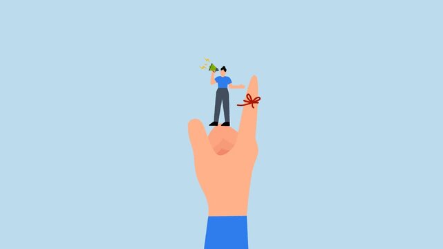 Finger string reminder, businesswoman helped by tying a red string around the boss's finger and using a megaphone to remind him