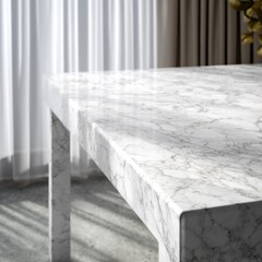 Elegant White Marble Table Top with Subtle Gray Veins and Light Reflections