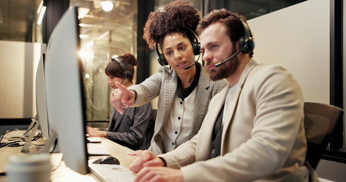 Headset, computer and call center agent with manager in office for feedback on crm or contact us. Communication, advice and technical support consultants with online customer service in workplace.