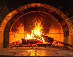 A warm and inviting interior view of a brick-lined oven, showcasing a vibrant fire and logs burning brightly.