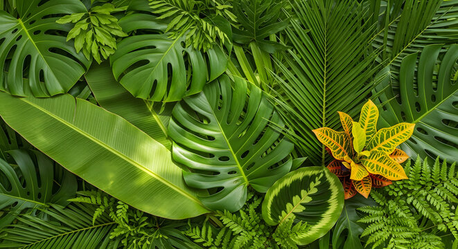 Lush green foliage featuring various tropical leaves, including monstera, ferns, and banana leaves, with a splash of yellow and orange.