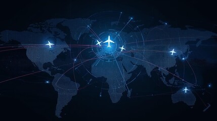 Global air travel network connecting continents with modern aircraft paths visualized