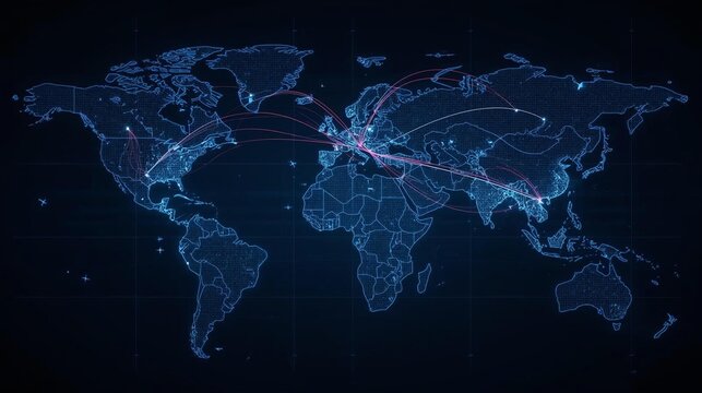 Global digital network connections visualized with glowing lines across a dark world map