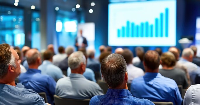 Une conf&eacute;rence d'affaires avec une pr&eacute;sentation de donn&eacute;es et de r&eacute;sultats sur &eacute;cran, vue de dos du public &eacute;coutant l'animateur de l'&eacute;v&eacute;nement.