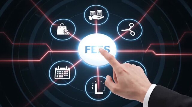 Business professional s hand touching the word fees on a futuristic digital interface with icons representing costs savings and time