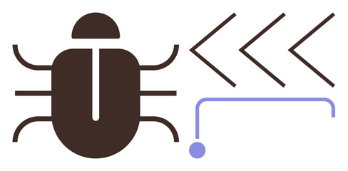 Bug icon with directional arrows and a connected line, representing problem-solving, debugging, software development, efficiency, analysis, workflow, and improvement. Ideal for simple flat metaphor