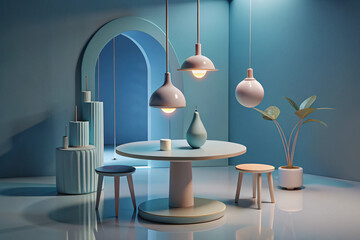 Minimalist Interior Scene with Round Table and Hanging Lamps dining 3D
