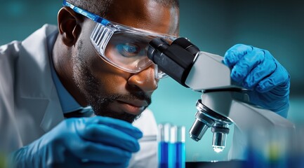 Un scientifique afro-américain utilisant un microscope dans un laboratoire, gros plan des mains portant des gants bleus et des lunettes de protection tout en travaillant sur des recherches médicales.