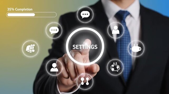 Businessman s finger touching a glowing circular interface with the word settings and a 1 percent completion indicator