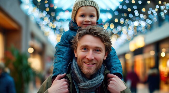 Un homme portant son fils sur ses épaules, faisant du shopping dans un centre commercial pendant la période de Noël, avec un arrière-plan bokeh.