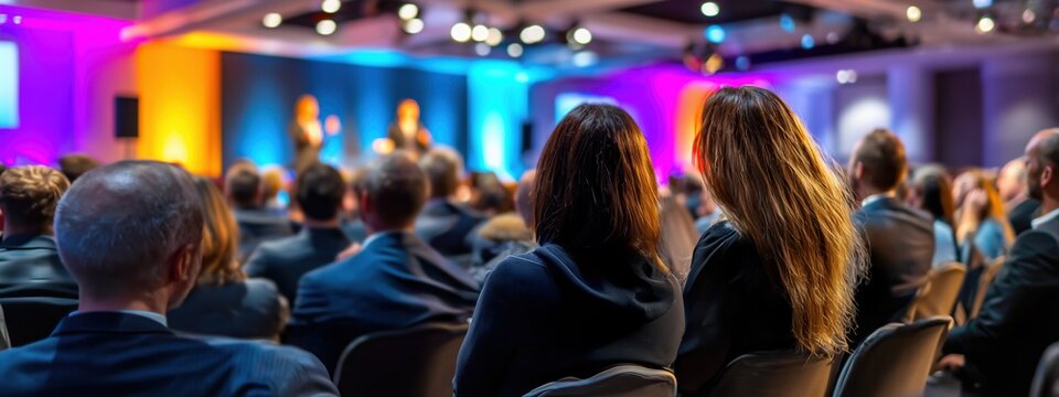 Une conf&eacute;rence internationale avec le public, vue de dos, regardant et &eacute;coutant deux hommes d'affaires pr&eacute;senter leurs recherches sur sc&egrave;ne, vue panoramique.