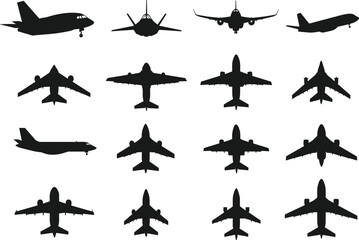 Airplane silhouette vector set, aircraft front and top view icons, commercial jet planes collection for aviation, airport, travel, flight and transport designs