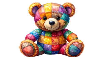 Cute colorful teddy bear with soft texture and vibrant patchwork design, isolated on transparent background, PNG format.
