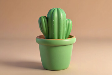 Small Green Cartoon Cactus in a Pot Against a Beige 3D Background plant succulent