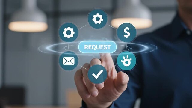 Businessman s finger interacting with a digital interface displaying request options and icons for services - Powered by Adobe