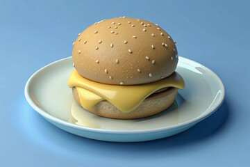 Stylized Cheeseburger on a 3D White Plate Against a Blue Background hamburger fast food