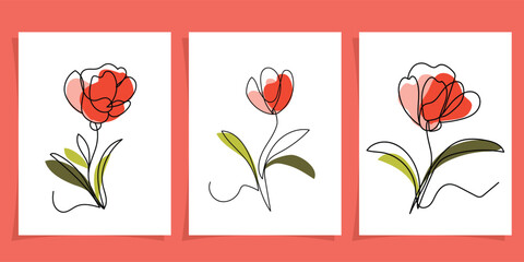 SET Continuous one line drawing of Pink Tulip flower with Green leaves isolated on white background. Line art. Concept of nature, ecology, organic shapes, Floral Art, Botanical Design