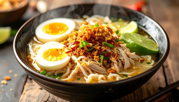 Delicious Chicken Mami Noodle Soup Bowl with Egg and Lime
