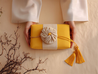 Top View of Korean Yellow Silk Bojagi Gift Wrapping with Flower Knot and Tassel in Hanbok Sleeves