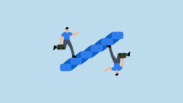 Business paradox, ambitious businessman is both climbing up the stairs and going down at the same time in a paradoxical manner