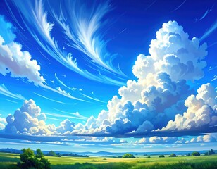 Fototapeta premium A vibrant, expansive vista showcasing dramatic clouds against a brilliant blue sky, with a serene green field stretching out below.