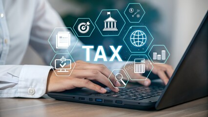 Online Tax Filing: Business Person Using Laptop for Income Tax Return and Calculation