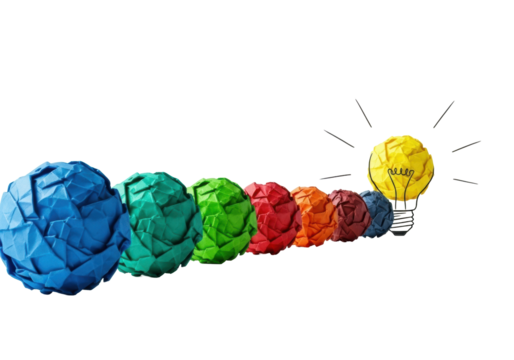 Meticulously arranged colorful crumpled paper balls in a horizontal row, with a yellow paper lightbulb and hand-drawn lines, on a transparent background with copy space. Visual metaphor for