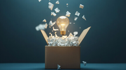 Bright idea emerging from a box of crumpled paper waste