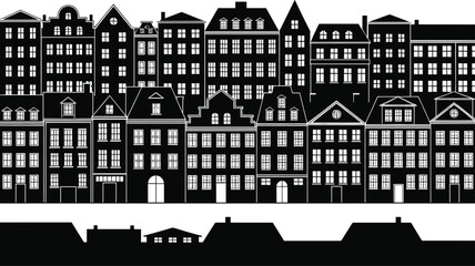 Obraz premiumCityscape silhouette vector, urban buildings, architectural design, skyline illustration, black icon, window detail, rooftop shape, downtown sketch, modern structure, street view