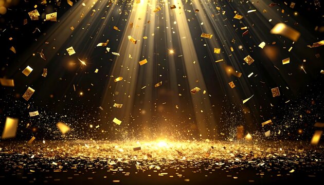 Golden confetti falling in bright spotlights