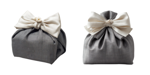  Elegant Korean Gift bojagi Wrapped in Gray Silk with Off-White Bow isolated on transparent background