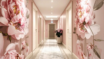 Elegant corridor design showcasing floral mural, doors, and a vase with flowers inside the building