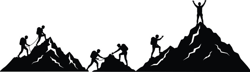 Mountain climbing silhouette, group of hikers ascending rocky peaks, teamwork and adventure vector illustration, outdoor exploration, success, nature, hiking, motivation, achievement, sport