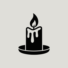 Black Candle Silhouette Icon on Holder – Minimalist Wax Candle with Flame Vector
