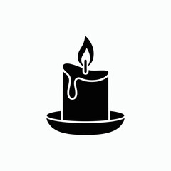 Black Candle Silhouette Icon on Holder – Minimalist Wax Candle with Flame Vector