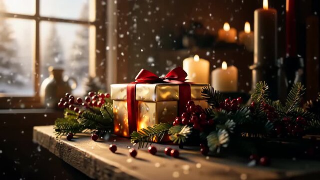 Christmas Interior with Golden Gift and Candles by the Window in Falling Snow