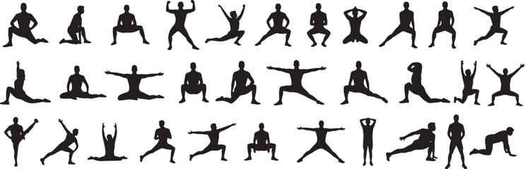 Collection of silhouettes of people performing various yoga and fitness poses