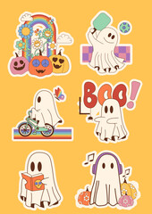 Set of Cute Ghost Hippie and Halloween Vector Elements – Cartoon Pumpkins, Bats, Candy, Ghosts and Party Icons