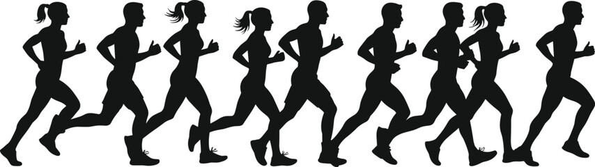 Running silhouette vector, male, female, athletic stride, fitness motion, black icon, jogging pose, sports activity, workout sketch, movement illustration, race design
